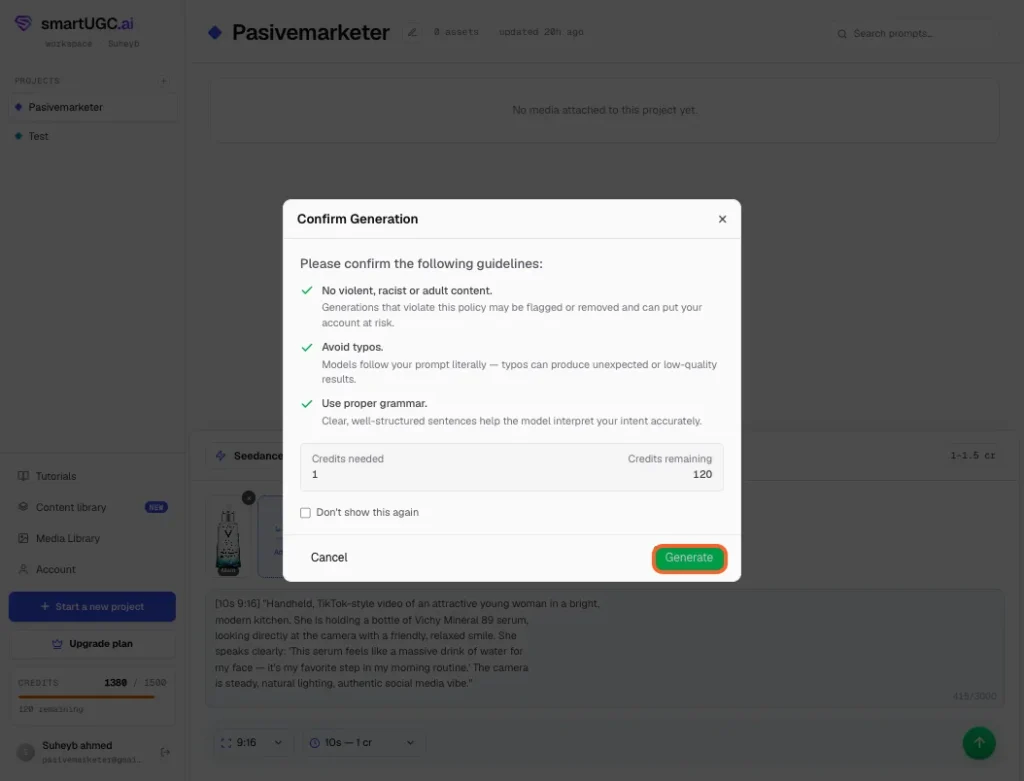 SmartUGC.ai Review 2026 | Features, Pricing, Alternatives, Pros and Cons 18 "Confirm Generation" window pops up with SmartUGC's content guidelines — no violent, racist, or adult content, avoid typos, use proper grammar. Check the credit count shown, then click "Generate.