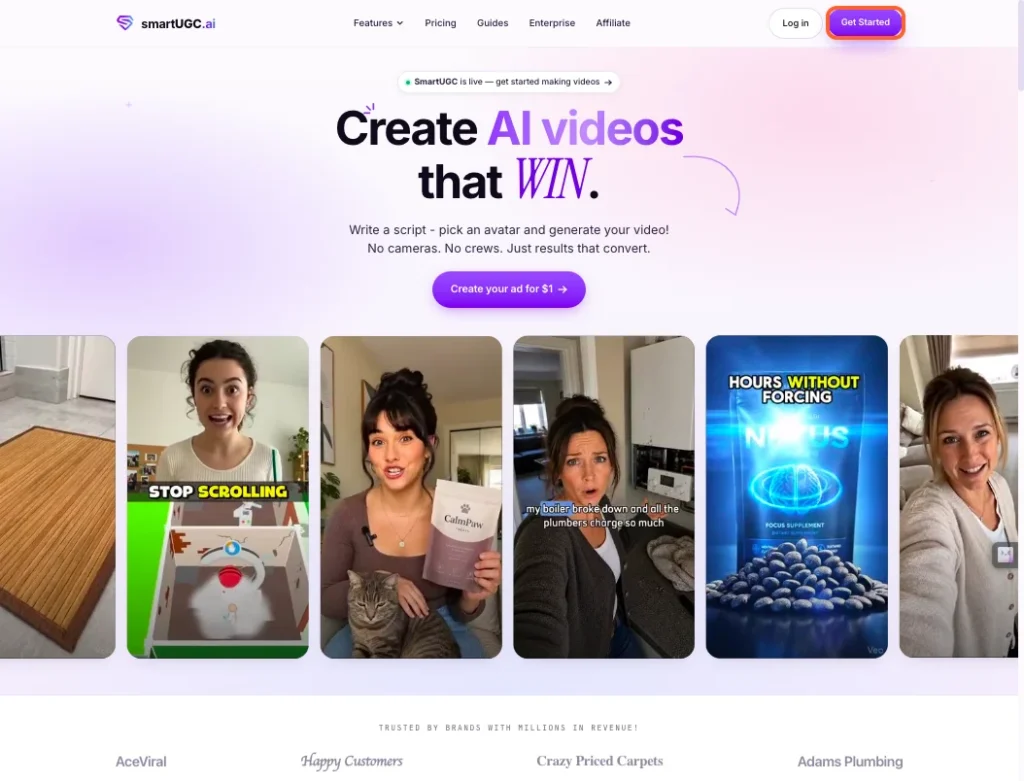 SmartUGC.ai Review 2026 | Features, Pricing, Alternatives, Pros and Cons 7 Go to smartugc.ai, then click "Get Started" in the top right.